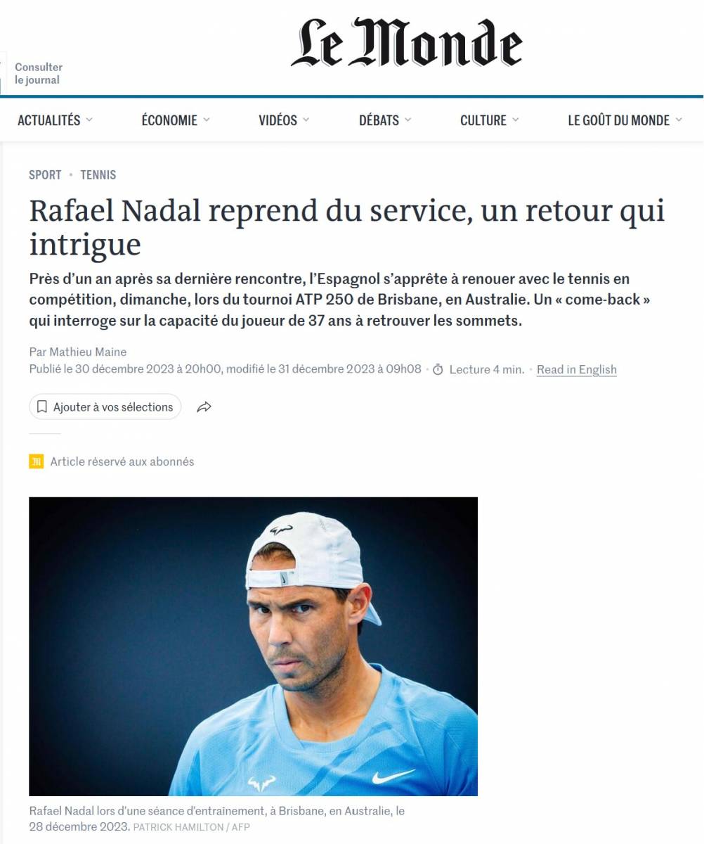 Dr Christophe Cermolacce, interview dans Le Monde, Nadal Tennis